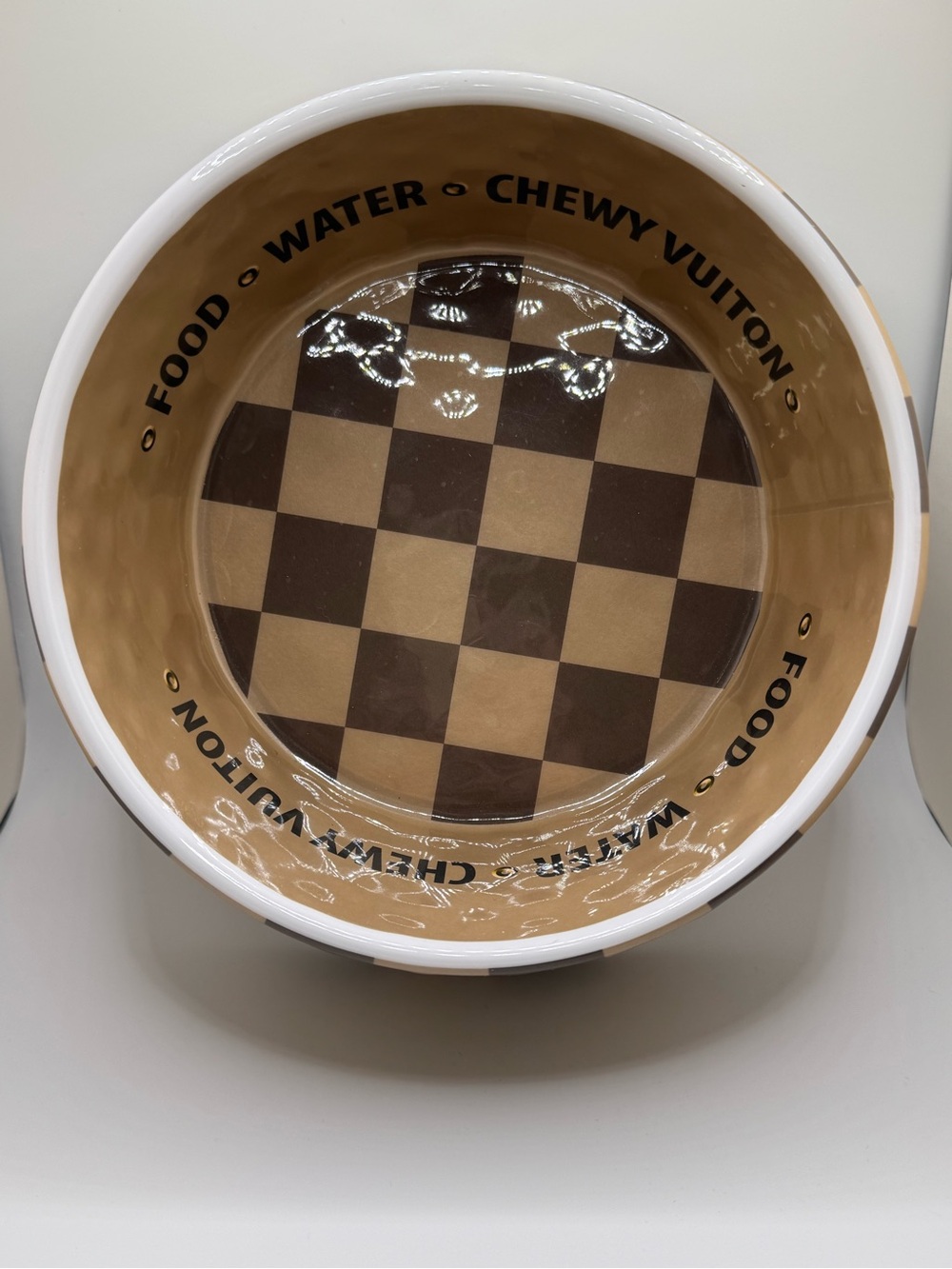 Chewy Vuiton Paris Dog Bowl Tan & Brown Checkered “Luxury” Pet Food Water Bowl - Picture 3 of 8